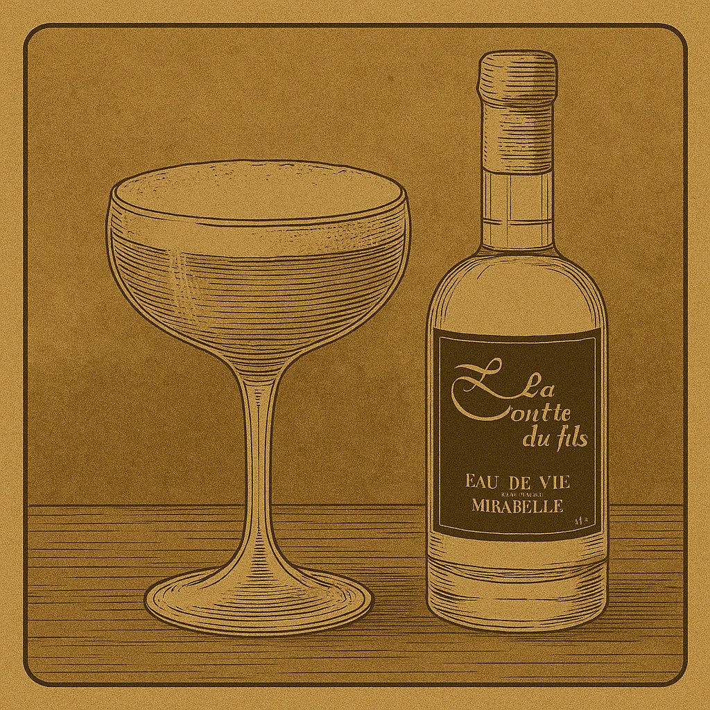 Illustration vintage d’un cocktail à base d’eau-de-vie de mirabelle artisanale La Goutte du Fils, sur fond chaleureux et élégant