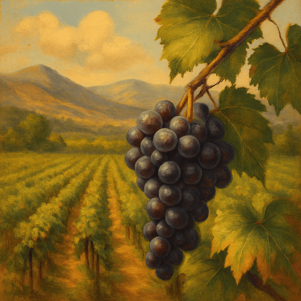 Image carrée de style ancien représentant une grappe de raisin mûr dans une vigne, avec collines en arrière-plan et couleurs douces à l’ancienne.