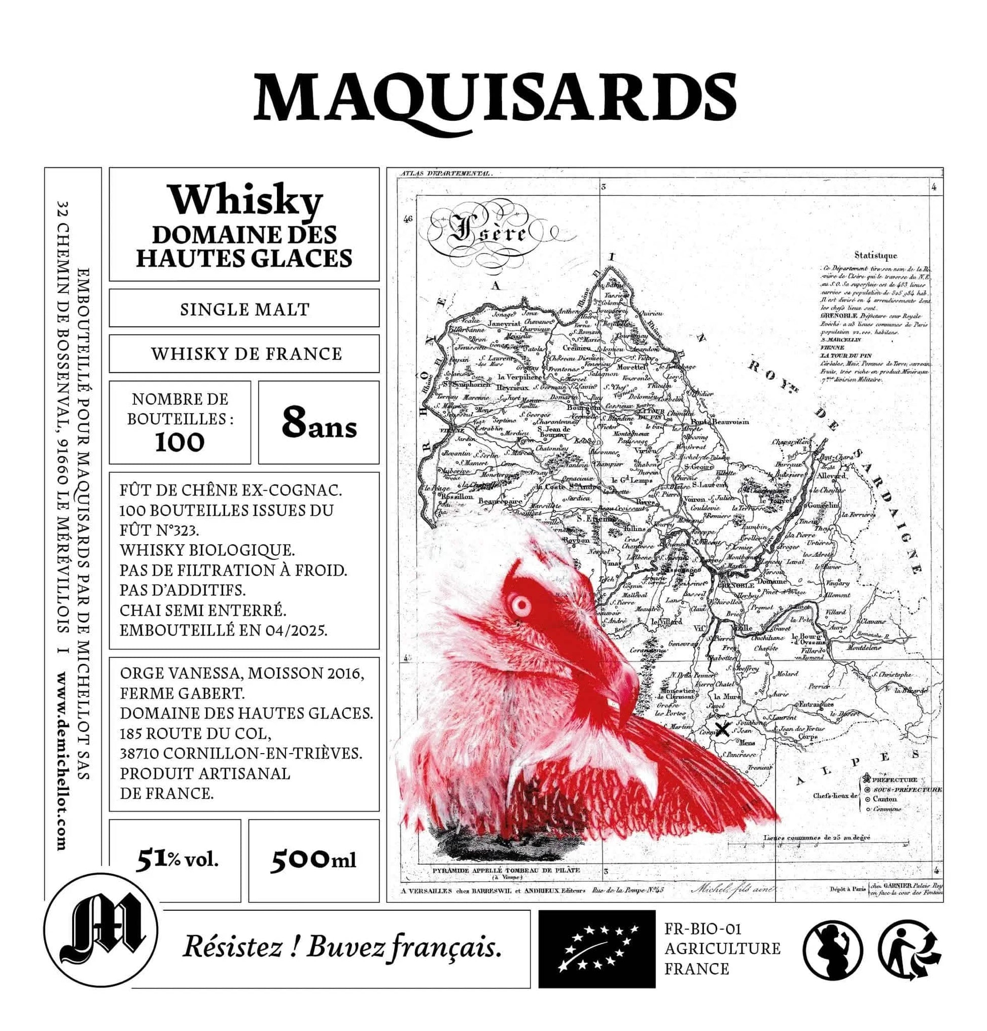 MAQUISARDS Whisky Bio Français Single Malt Domaine des Hautes Glaces 51% De Michellot