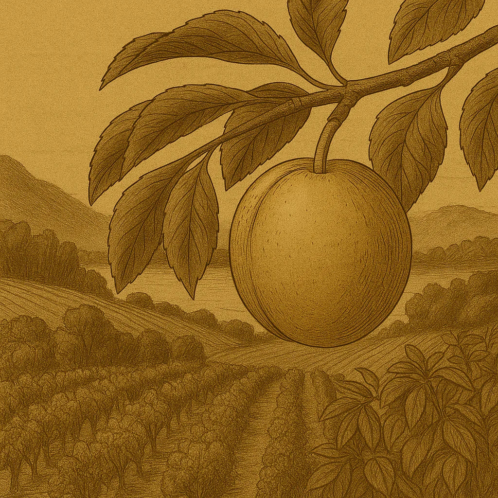 Illustration vintage d'une mirabelle mûre dans un verger en été, style sépia rétro