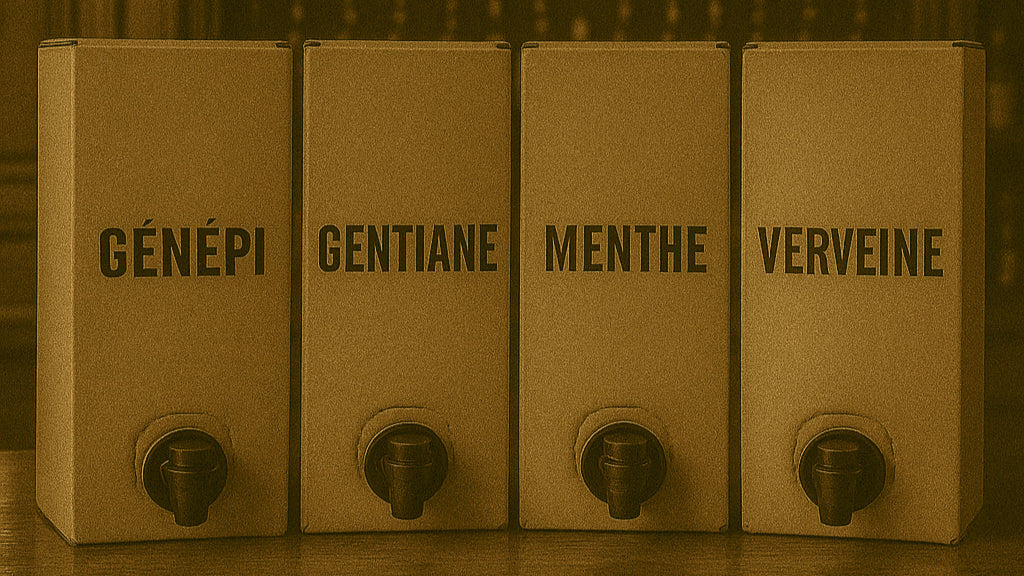 Quatre BIB de liqueurs De Michellot – Génépi, Gentiane, Menthe et Verveine – alignés sur un bar en bois dans une ambiance de bar vintage élégant, style rétro en sépia.