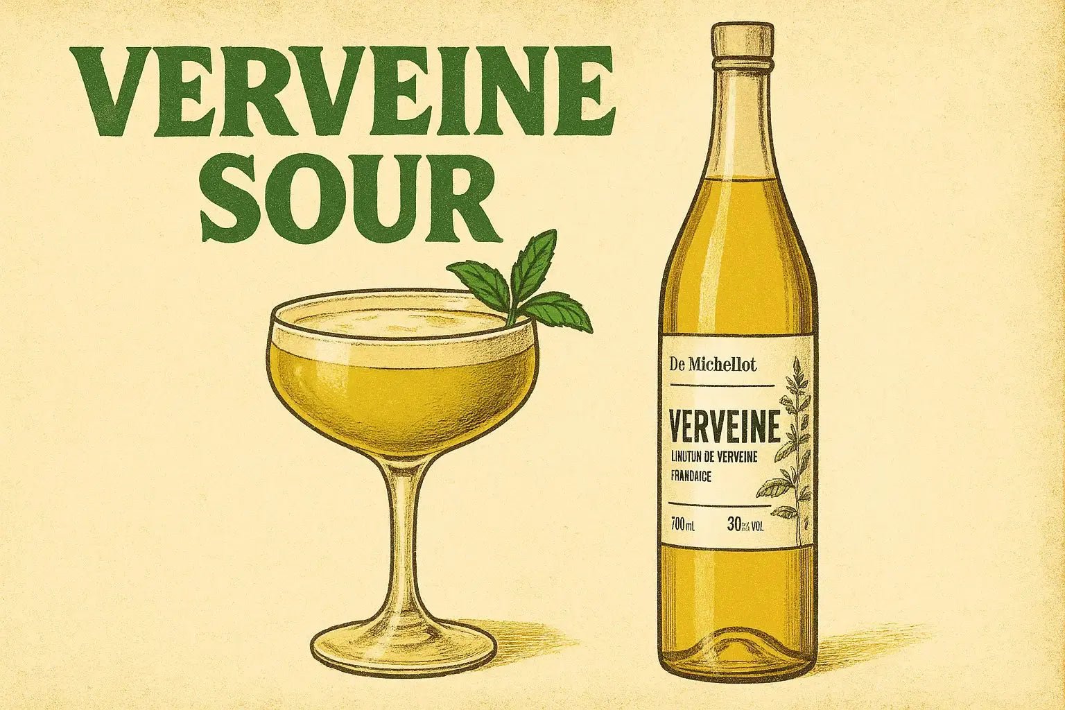 Cocktail à base de liqueur de verveine à côté d'un jeroboam de liqueur de verveine De Michellot sur fond jaune avec un style vintage