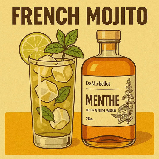 Cocktail French Mojito avec liqueur de menthe De Michellot, menthe fraîche et citron vert, illustration rétro
