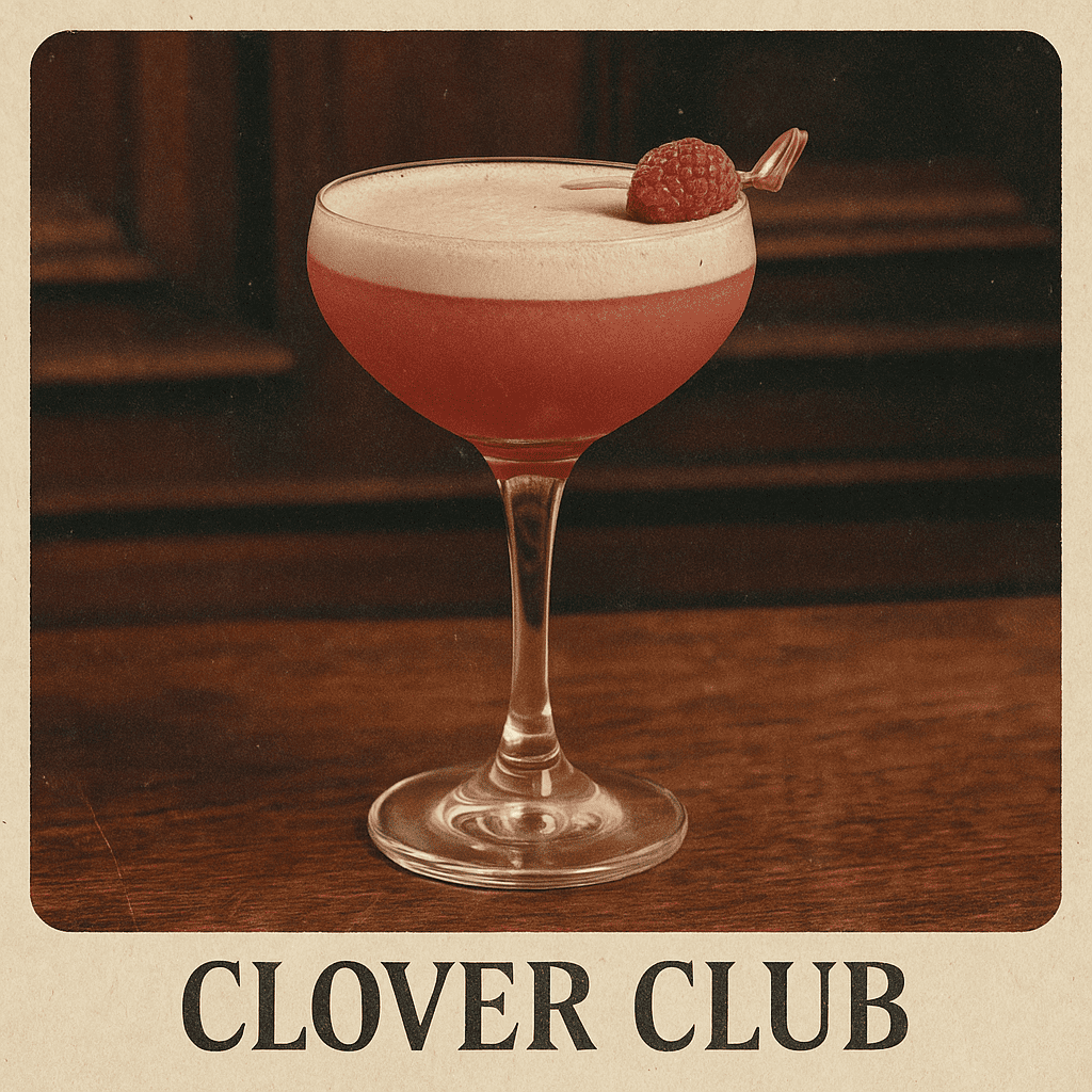 Cocktail Clover Club à base d’Armagnac servi dans un verre à pied, mousse rosée, décor vintage de bar chaleureux, ambiance rétro.