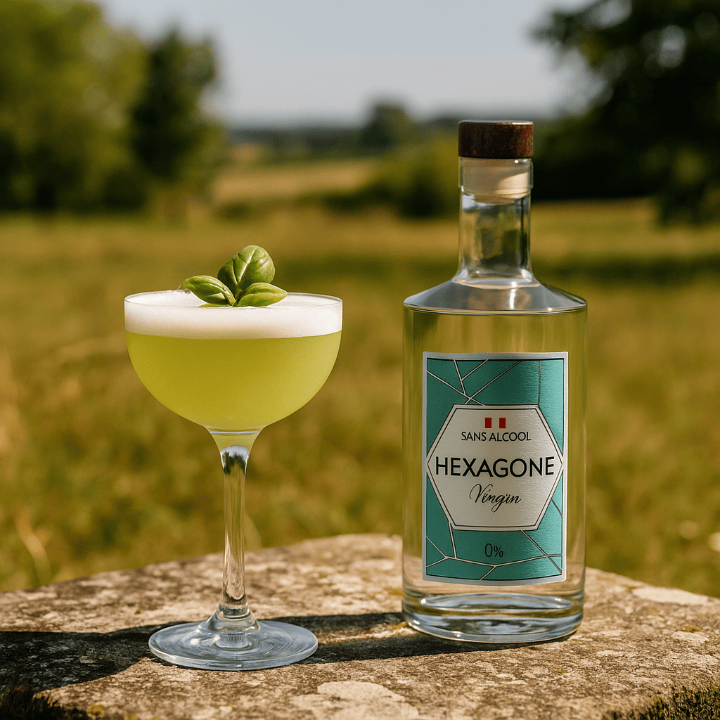 Cocktail sans alcool à base de Gin Virgin Hexagone servi dans un verre à pied, décor naturel lumineux avec herbes fraîches et ambiance raffinée.
