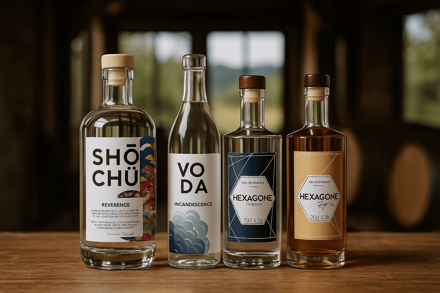 Quatre bouteilles de spiritueux français distribués : Shochu Révérence, Vodka Incandescence, Gin Hexagone Original et Gin Hexagone Signature, posées sur une table en bois avec un fond flouté de chai.