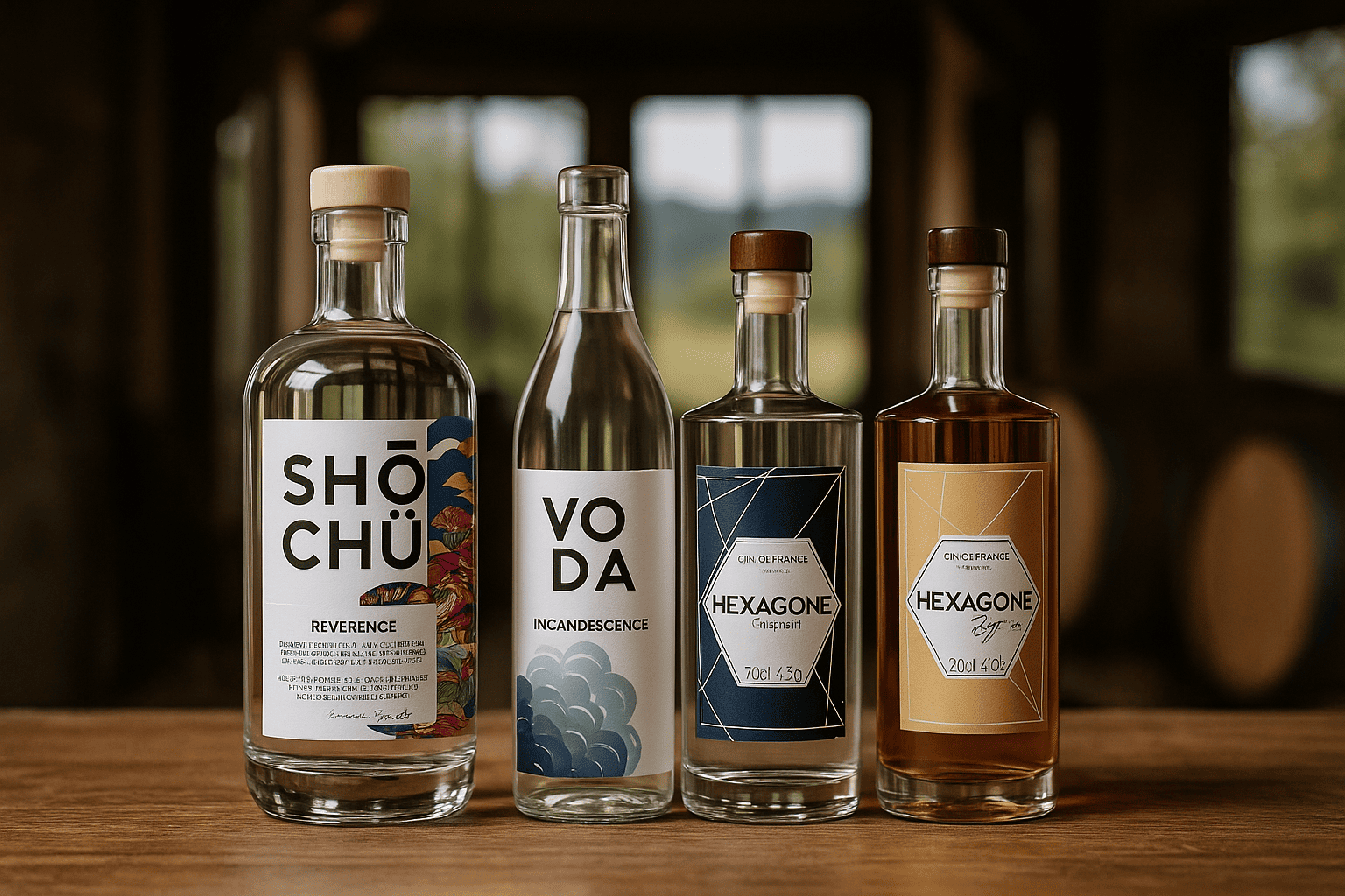 Quatre bouteilles de spiritueux français distribués : Shochu Révérence, Vodka Incandescence, Gin Hexagone Original et Gin Hexagone Signature, posées sur une table en bois avec un fond flouté de chai.