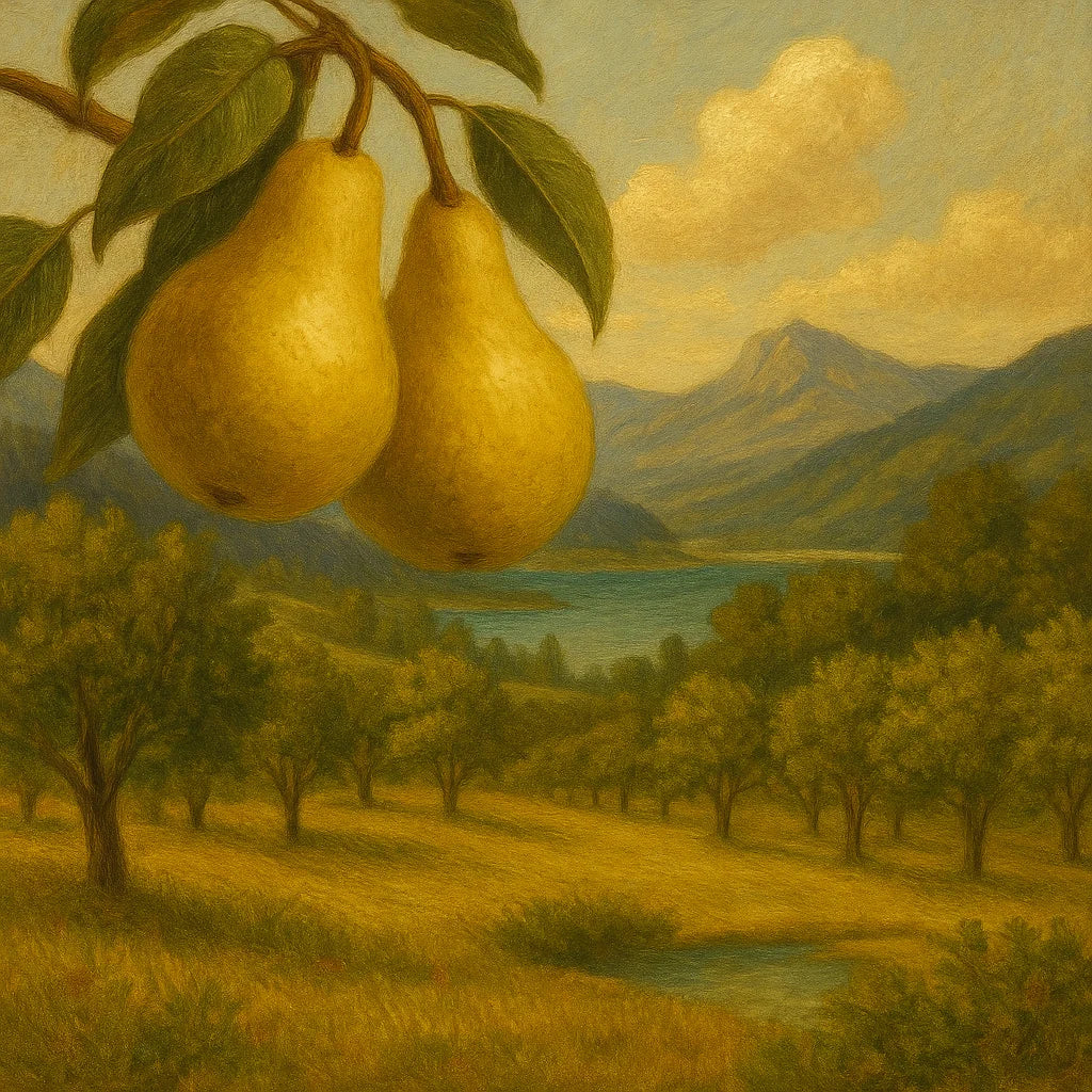 Poire William's d’eau-de-vie artisanale “La Goutte du Fils” posée au cœur d’un champ de poiriers, avec une vue panoramique sur la campagne française