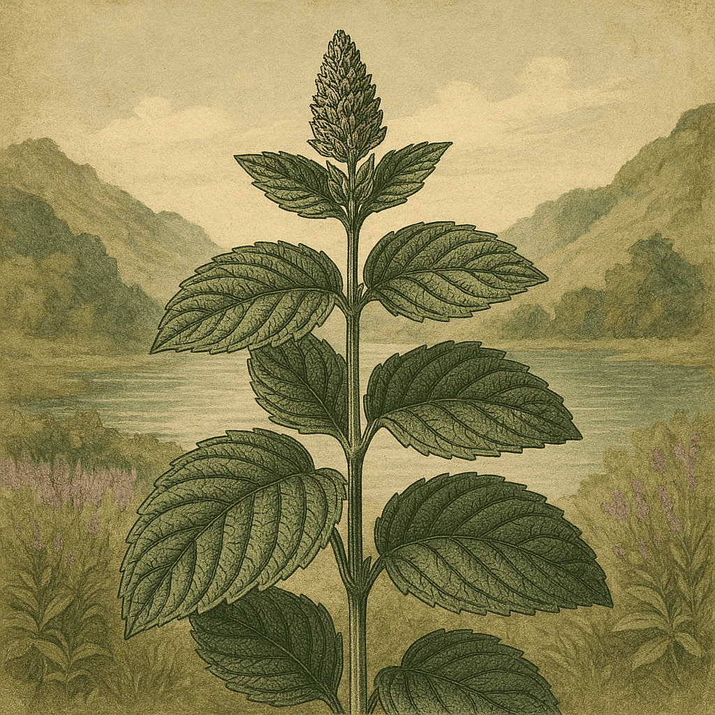 Illustration vintage carrée d’une feuille de menthe poivrée, stylisée dans un décor naturel avec lumière douce, en hommage aux plantes des liqueurs De Michellot.