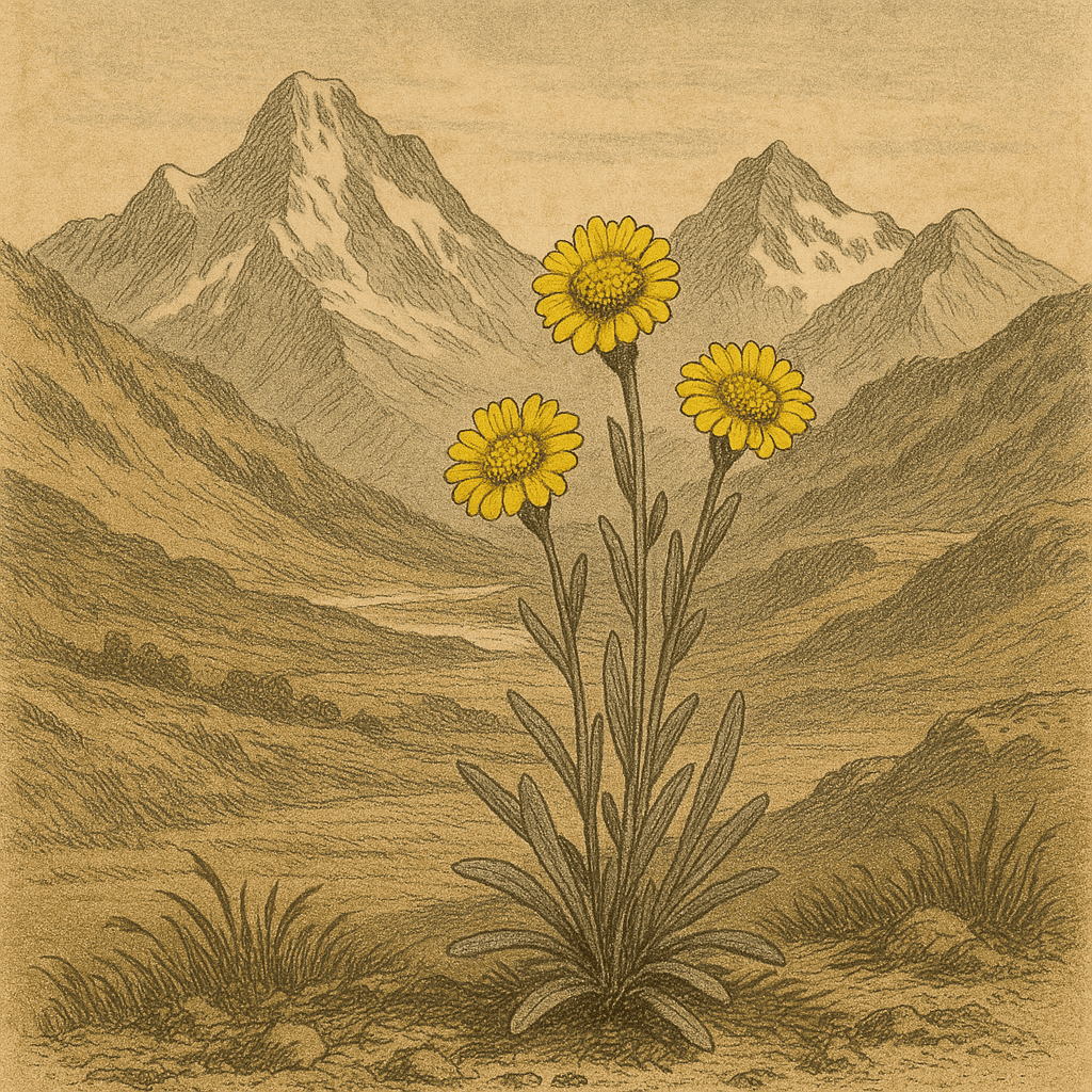 Illustration vintage d’une fleur de génépi en gros plan sur fond de montagnes françaises, style gravure ancienne aux teintes naturelles.