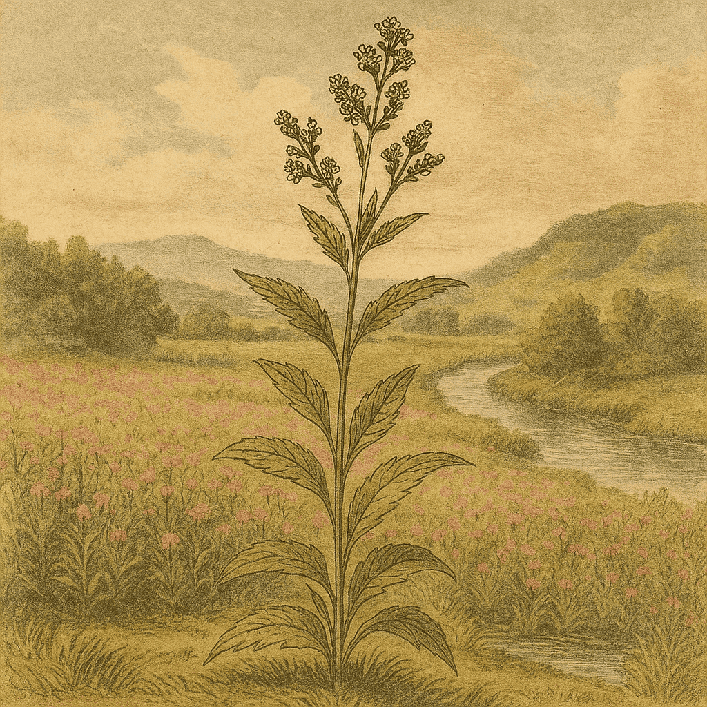 Illustration vintage d’une fleur de verveine au centre d’un champ fleuri, avec rivière et collines en arrière-plan. Style ancien et poétique.