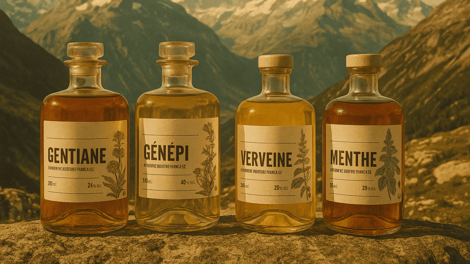 Quatre bouteilles de liqueurs artisanales De Michellot (gentiane, génépi, verveine, menthe) posées face aux montagnes, ambiance vintage française.