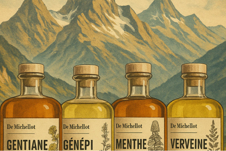 Quatre bouteilles de liqueurs artisanales De Michellot (gentiane, génépi, verveine, menthe) posées face aux montagnes, ambiance vintage française.