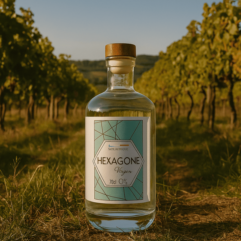 Gin sans alcool, bouteille de Gin Virgin Hexagone sans alcool posée en extérieur avec un décor naturel lumineux mettant en valeur le savoir-faire du producteur français.