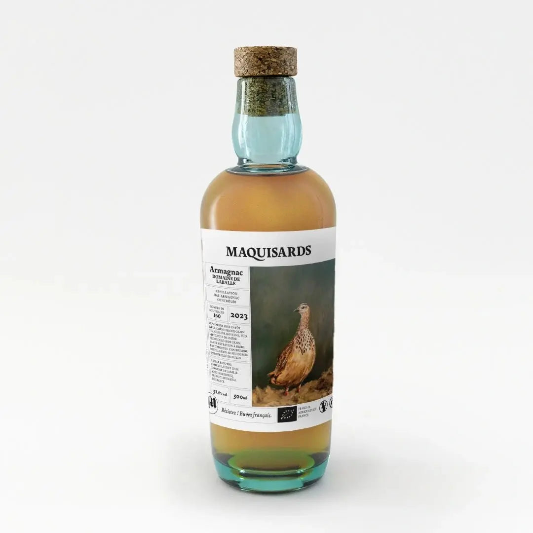 Bas-Armagnac BIO Maquisards 2023, Domaine de Laballe, illustration d'une caille, 51,6 % vol, édition limitée à 160 bouteilles, produit artisanal français