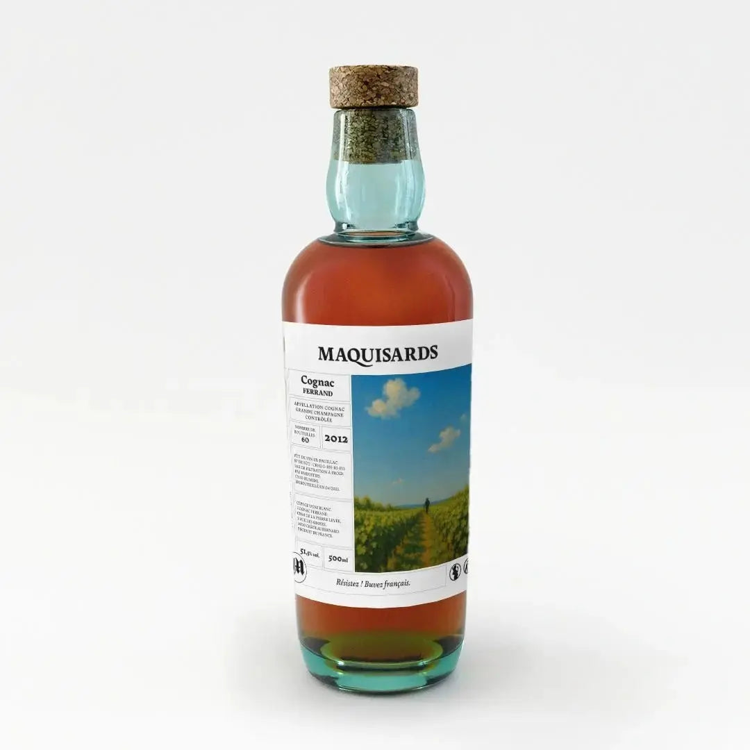 Cognac millésimé 2012 en édition ultra-limitée avec la Maison Ferrand. 60 bouteilles. Non filtré, 51 %, authenticité garantie par Maquisards.