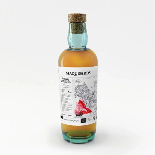 Bouteille de whisky français Maquisards, édition limitée du Domaine des Hautes Glaces, Single Malt bio élevé 8 ans, 51% vol, étiquette illustrée d’un coq rouge sur carte ancienne de France.