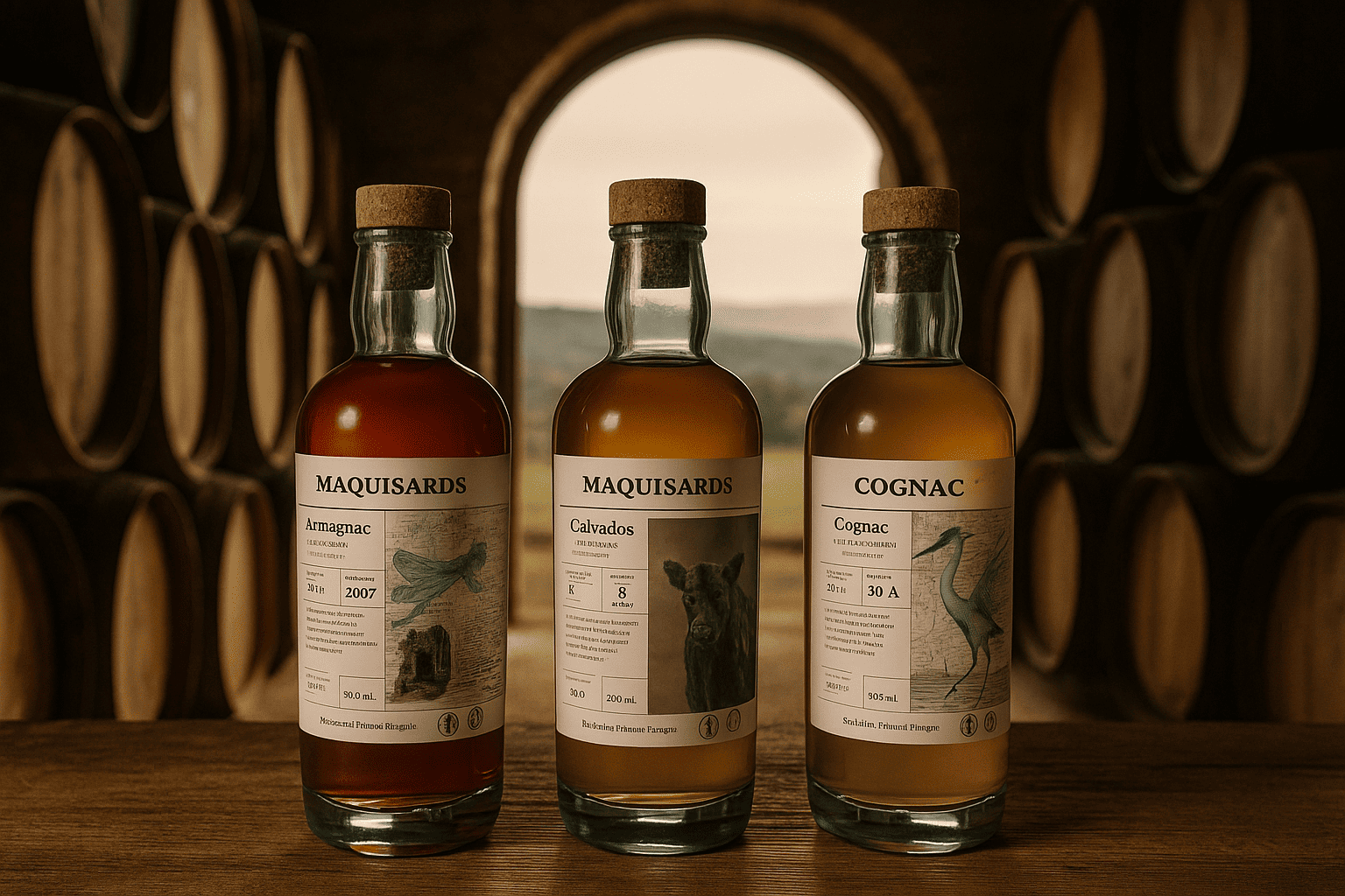 Trois bouteilles Maquisards – Armagnac Dartigalongue 2007, Calvados Roger Groult 33 ans, Cognac Pasquet Lot 30A – sur une table en bois dans un chai avec vue sur les collines françaises.