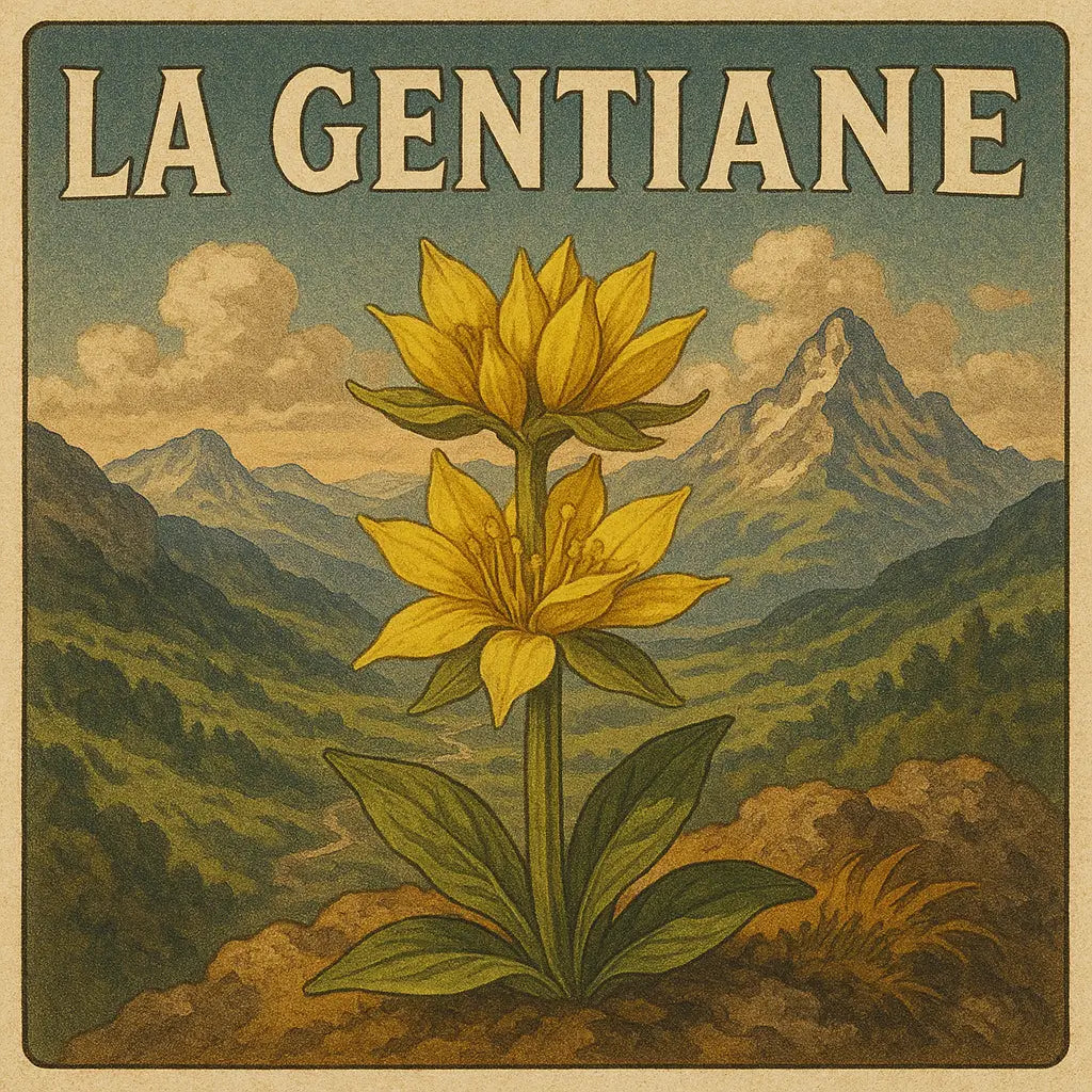 Illustration vintage d’une fleur de gentiane bleue avec vue panoramique sur les montagnes alpines, style pub alcool 1870.