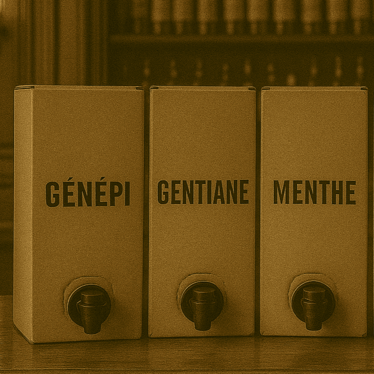 Quatre BIB de liqueurs De Michellot – Génépi, Gentiane, Menthe et Verveine – alignés sur un bar en bois dans une ambiance de bar vintage élégant, style rétro en sépia.