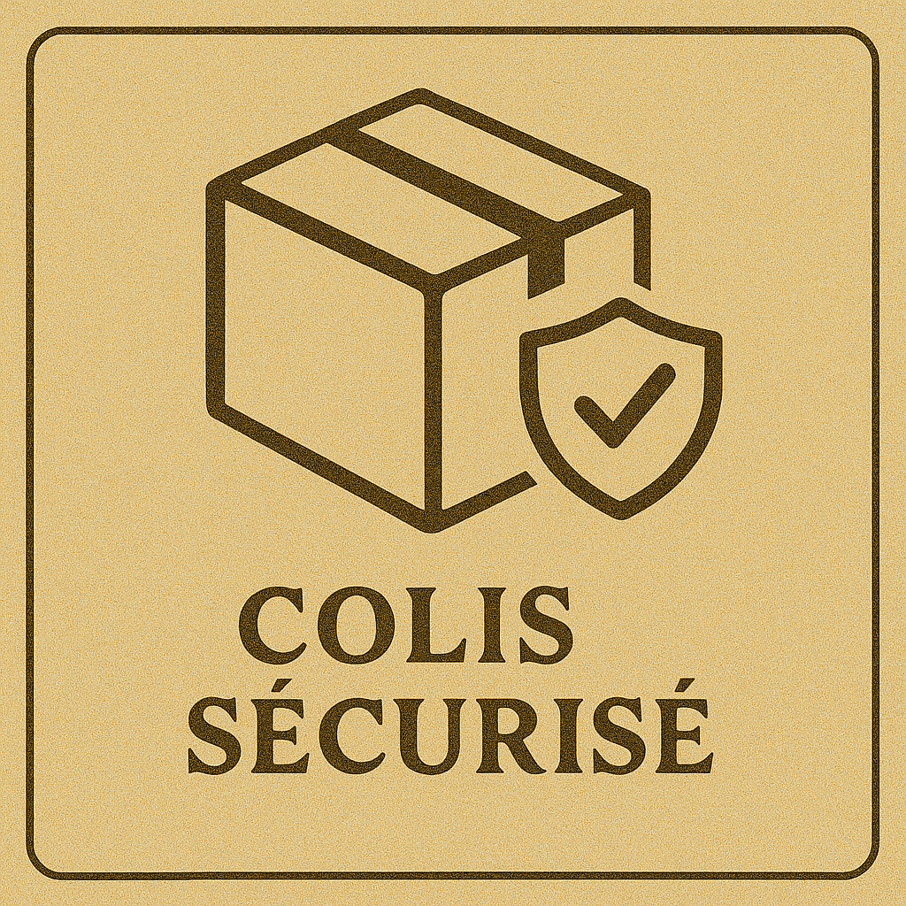 Icône vintage de colis protégé avec bouclier, style rétro en tons bruns.