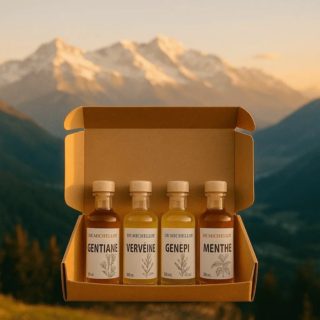 Quatre bouteilles de liqueurs artisanales De Michellot (Gentiane, Génépi, Verveine, Menthe) posées en pleine nature, avec vue sur les montagnes françaises et étiquettes fidèles au design d’origine.